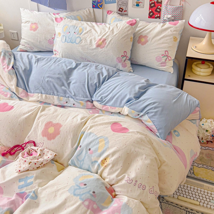 91家纺网 家纺一手货源 找家纺 欧妮家纺 2025新款AB版印花水洗棉四件套系列卡通床单被套学生宿舍床上三件套-提供买家秀 奶呼呼大象