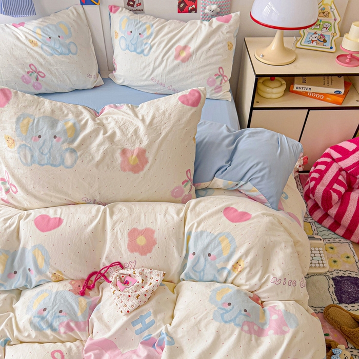 91家纺网 家纺一手货源 找家纺 欧妮家纺 2025新款AB版印花水洗棉四件套系列卡通床单被套学生宿舍床上三件套-提供买家秀 奶呼呼大象