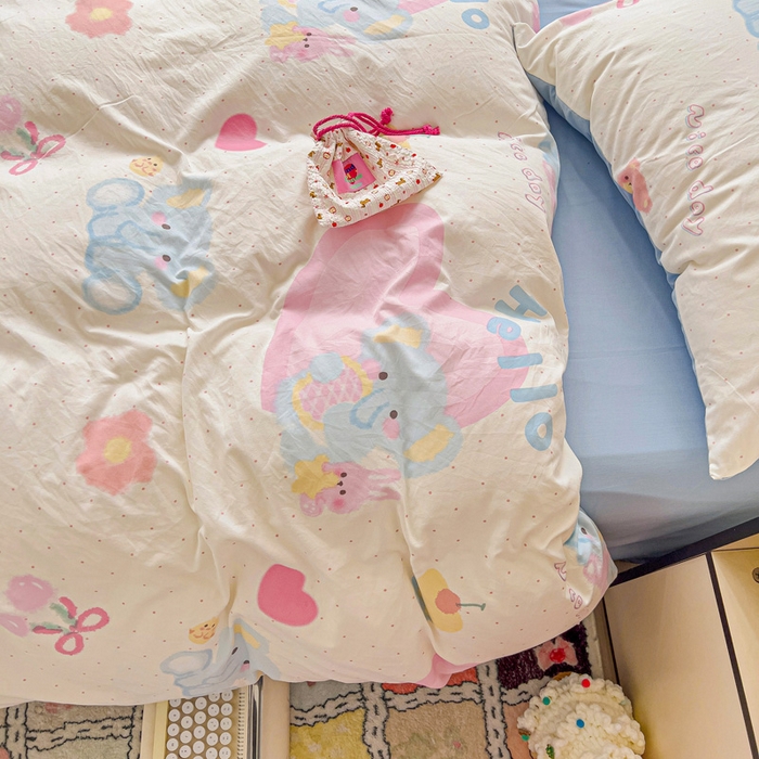 91家纺网 家纺一手货源 找家纺 欧妮家纺 2025新款AB版印花水洗棉四件套系列卡通床单被套学生宿舍床上三件套-提供买家秀 奶呼呼大象