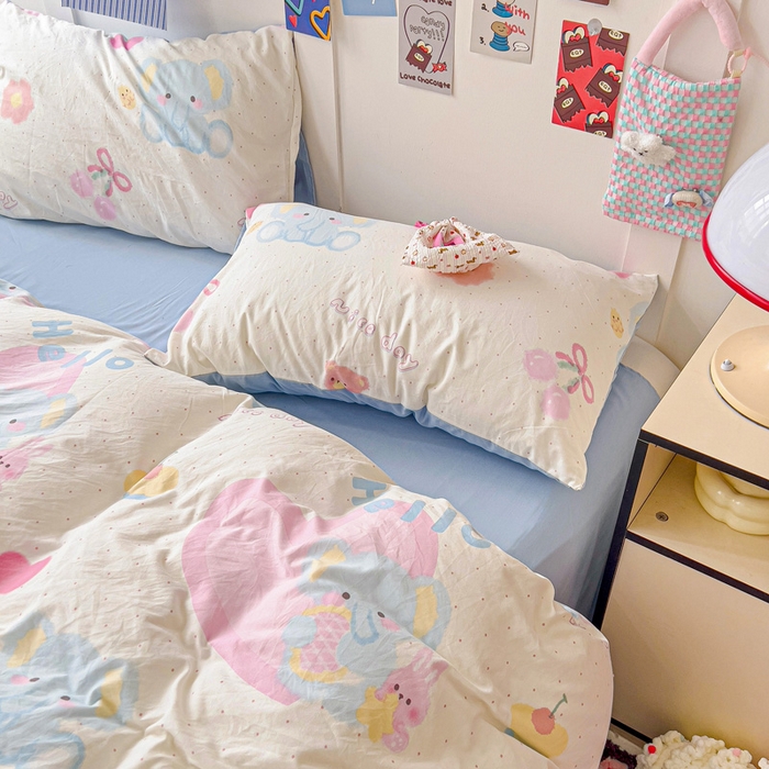 91家纺网 家纺一手货源 找家纺 欧妮家纺 2025新款AB版印花水洗棉四件套系列卡通床单被套学生宿舍床上三件套-提供买家秀 奶呼呼大象