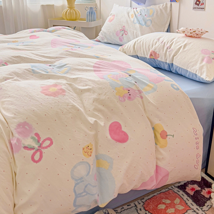 91家纺网 家纺一手货源 找家纺 欧妮家纺 2025新款AB版印花水洗棉四件套系列卡通床单被套学生宿舍床上三件套-提供买家秀 奶呼呼大象