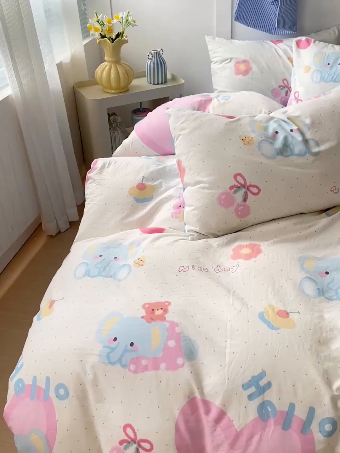 91家纺网 家纺一手货源 找家纺 欧妮家纺 2025新款AB版印花水洗棉四件套系列卡通床单被套学生宿舍床上三件套-提供买家秀 奶呼呼大象