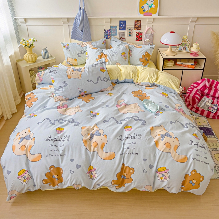 91家纺网 家纺一手货源 找家纺 欧妮家纺 2025新款AB版印花水洗棉四件套系列卡通床单被套学生宿舍床上三件套-提供买家秀 小猫逃离记