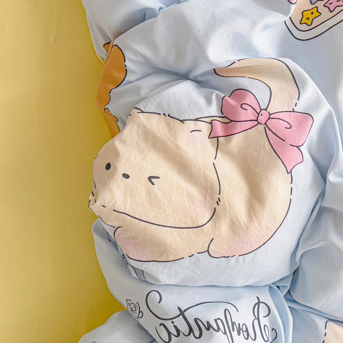 91家纺网 家纺一手货源 找家纺 欧妮家纺 2025新款AB版印花水洗棉四件套系列卡通床单被套学生宿舍床上三件套-提供买家秀 小猫逃离记