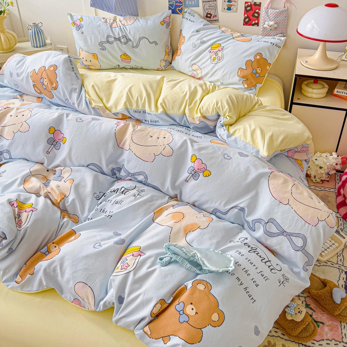 91家纺网 家纺一手货源 找家纺 欧妮家纺 2025新款AB版印花水洗棉四件套系列卡通床单被套学生宿舍床上三件套-提供买家秀 小猫逃离记