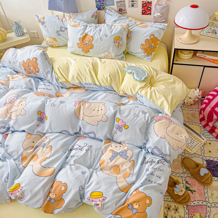 91家纺网 家纺一手货源 找家纺 欧妮家纺 2025新款AB版印花水洗棉四件套系列卡通床单被套学生宿舍床上三件套-提供买家秀 小猫逃离记