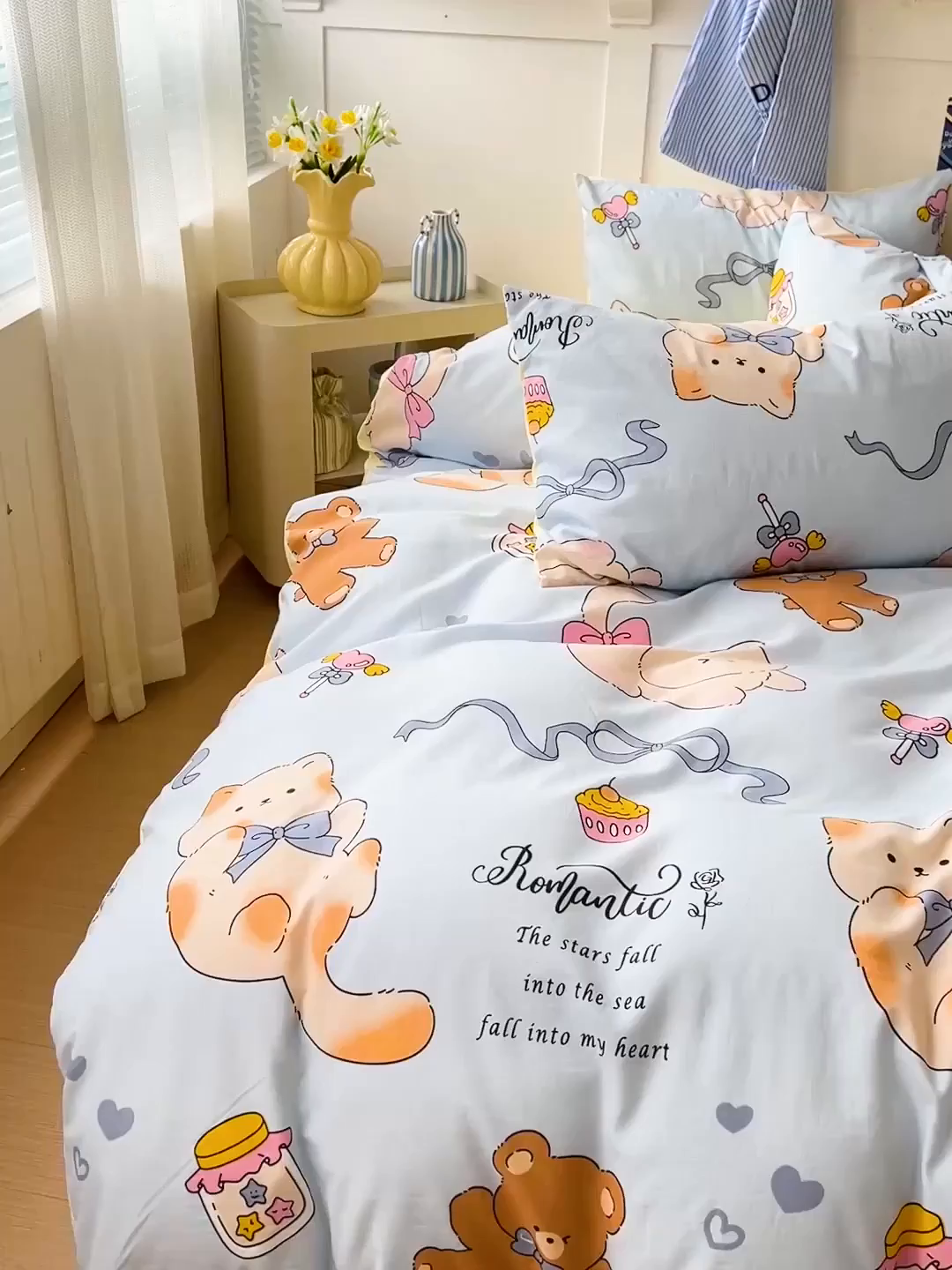 91家纺网 家纺一手货源 找家纺 欧妮家纺 2025新款AB版印花水洗棉四件套系列卡通床单被套学生宿舍床上三件套-提供买家秀 小猫逃离记