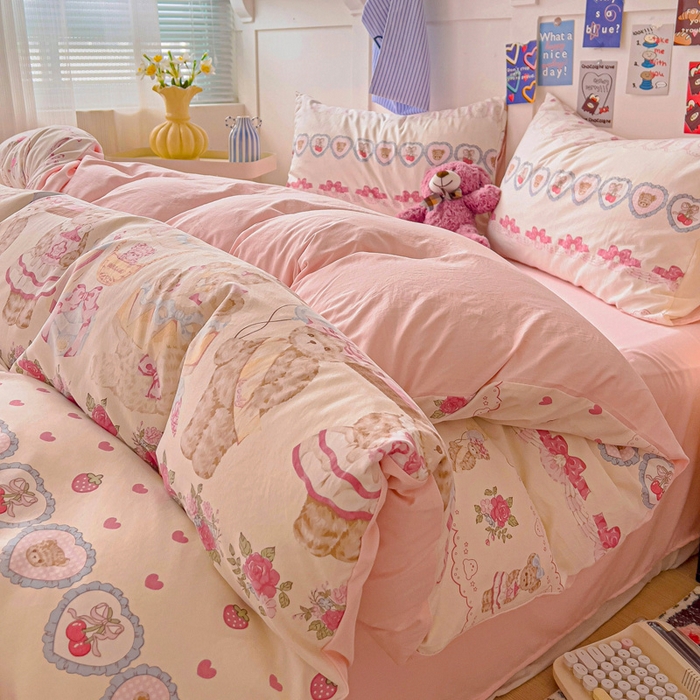 91家纺网 家纺一手货源 找家纺 欧妮家纺 2025新款AB版印花水洗棉四件套系列卡通床单被套学生宿舍床上三件套-提供买家秀 小熊玩偶屋