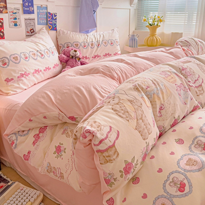 91家纺网 家纺一手货源 找家纺 欧妮家纺 2025新款AB版印花水洗棉四件套系列卡通床单被套学生宿舍床上三件套-提供买家秀 小熊玩偶屋