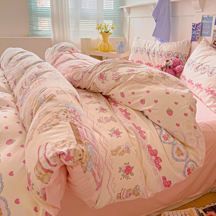 91家纺网 家纺一手货源 找家纺 欧妮家纺 2025新款AB版印花水洗棉四件套系列卡通床单被套学生宿舍床上三件套-提供买家秀 小熊玩偶屋