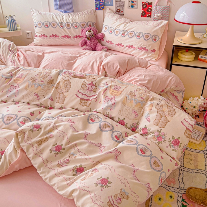 91家纺网 家纺一手货源 找家纺 欧妮家纺 2025新款AB版印花水洗棉四件套系列卡通床单被套学生宿舍床上三件套-提供买家秀 小熊玩偶屋