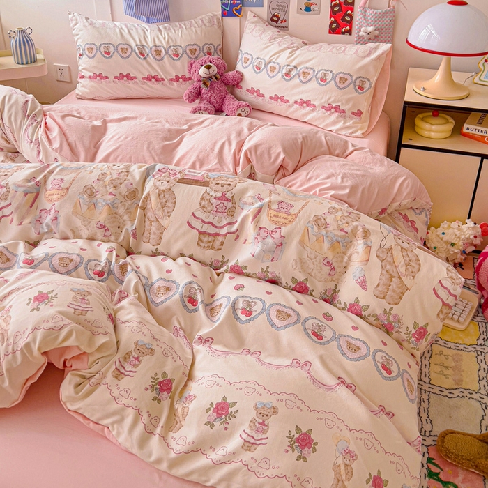 91家纺网 家纺一手货源 找家纺 欧妮家纺 2025新款AB版印花水洗棉四件套系列卡通床单被套学生宿舍床上三件套-提供买家秀 小熊玩偶屋