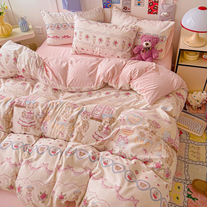 91家纺网 家纺一手货源 找家纺 欧妮家纺 2025新款AB版印花水洗棉四件套系列卡通床单被套学生宿舍床上三件套-提供买家秀 小熊玩偶屋