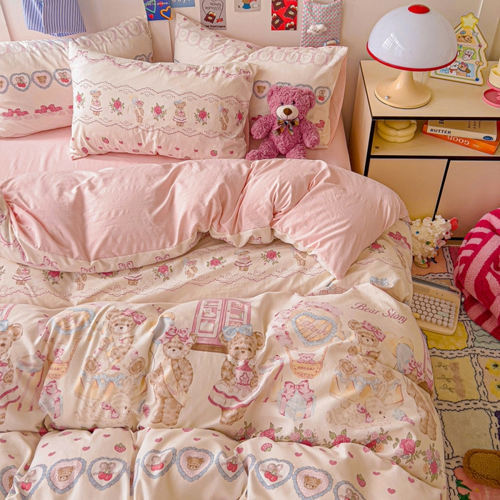 91家纺网 家纺一手货源 找家纺 欧妮家纺 2025新款AB版印花水洗棉四件套系列卡通床单被套学生宿舍床上三件套-提供买家秀 小熊玩偶屋