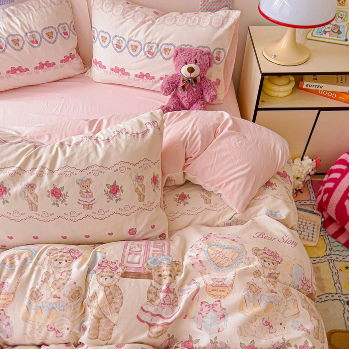 91家纺网 家纺一手货源 找家纺 欧妮家纺 2025新款AB版印花水洗棉四件套系列卡通床单被套学生宿舍床上三件套-提供买家秀 小熊玩偶屋