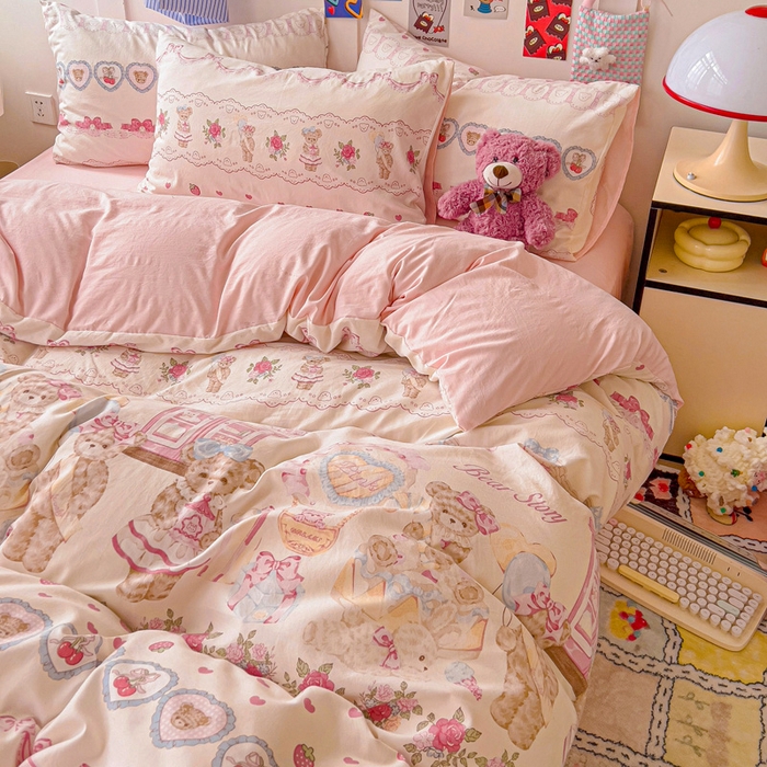 91家纺网 家纺一手货源 找家纺 欧妮家纺 2025新款AB版印花水洗棉四件套系列卡通床单被套学生宿舍床上三件套-提供买家秀 小熊玩偶屋