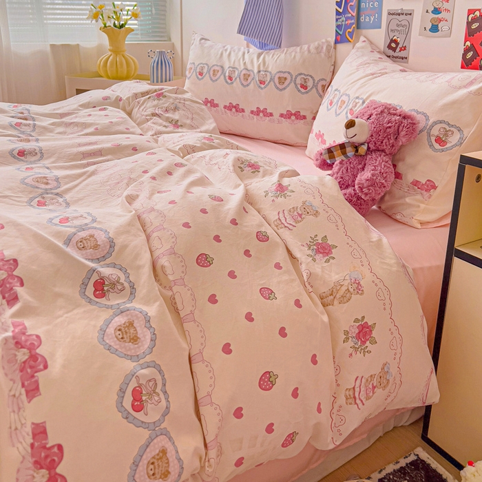 91家纺网 家纺一手货源 找家纺 欧妮家纺 2025新款AB版印花水洗棉四件套系列卡通床单被套学生宿舍床上三件套-提供买家秀 小熊玩偶屋