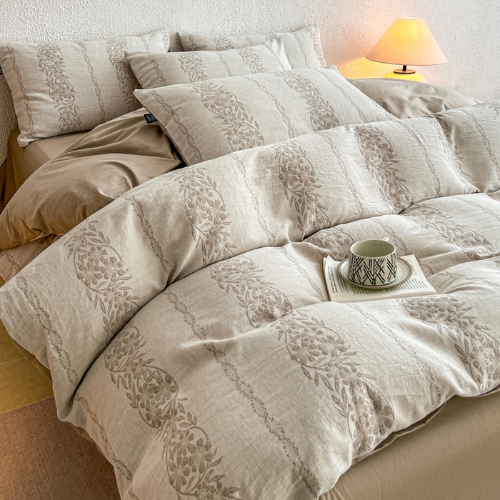 91家纺网 家纺一手货源 找家纺 恋人优选 2026新款全棉纯棉三层提花四件套 花蔓吟-咖