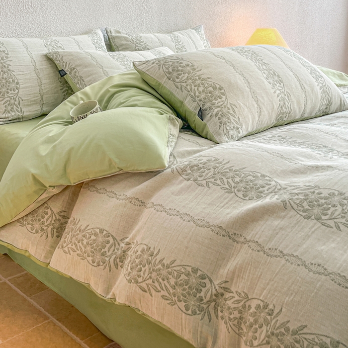 91家纺网 家纺一手货源 找家纺 恋人优选 2026新款全棉纯棉三层提花四件套 花蔓吟-绿