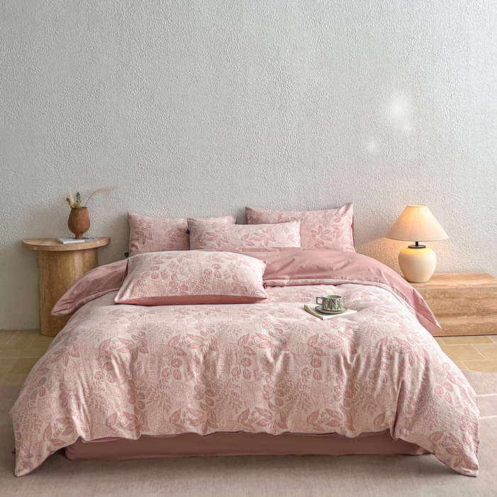 91家纺网 家纺一手货源 找家纺 恋人优选 2026新款全棉纯棉三层提花四件套 茎叶时光-粉