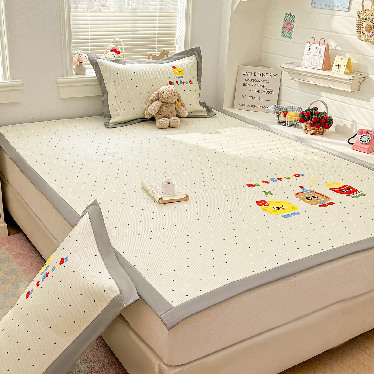 91家纺网 家纺一手货源 找家纺 十里居 2026新款A类凉感PE毛巾绣提花凉席席子-奶酪饼干系列 奶酪饼干-波点白