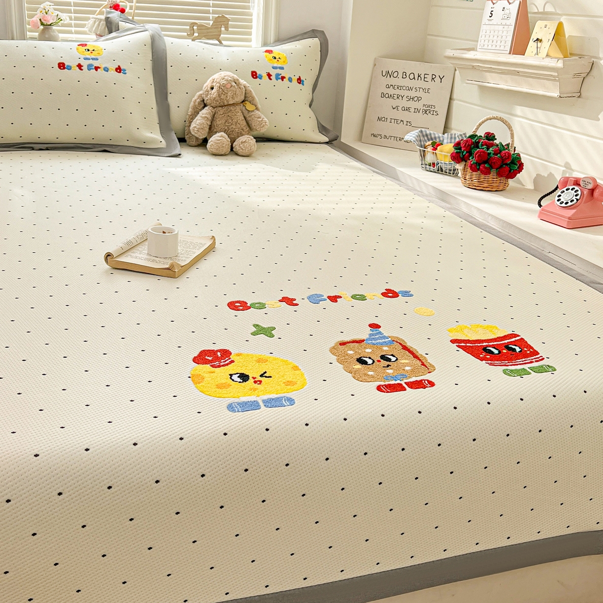 91家纺网 家纺一手货源 找家纺 十里居 2026新款A类凉感PE毛巾绣提花凉席席子-奶酪饼干系列 奶酪饼干-波点白