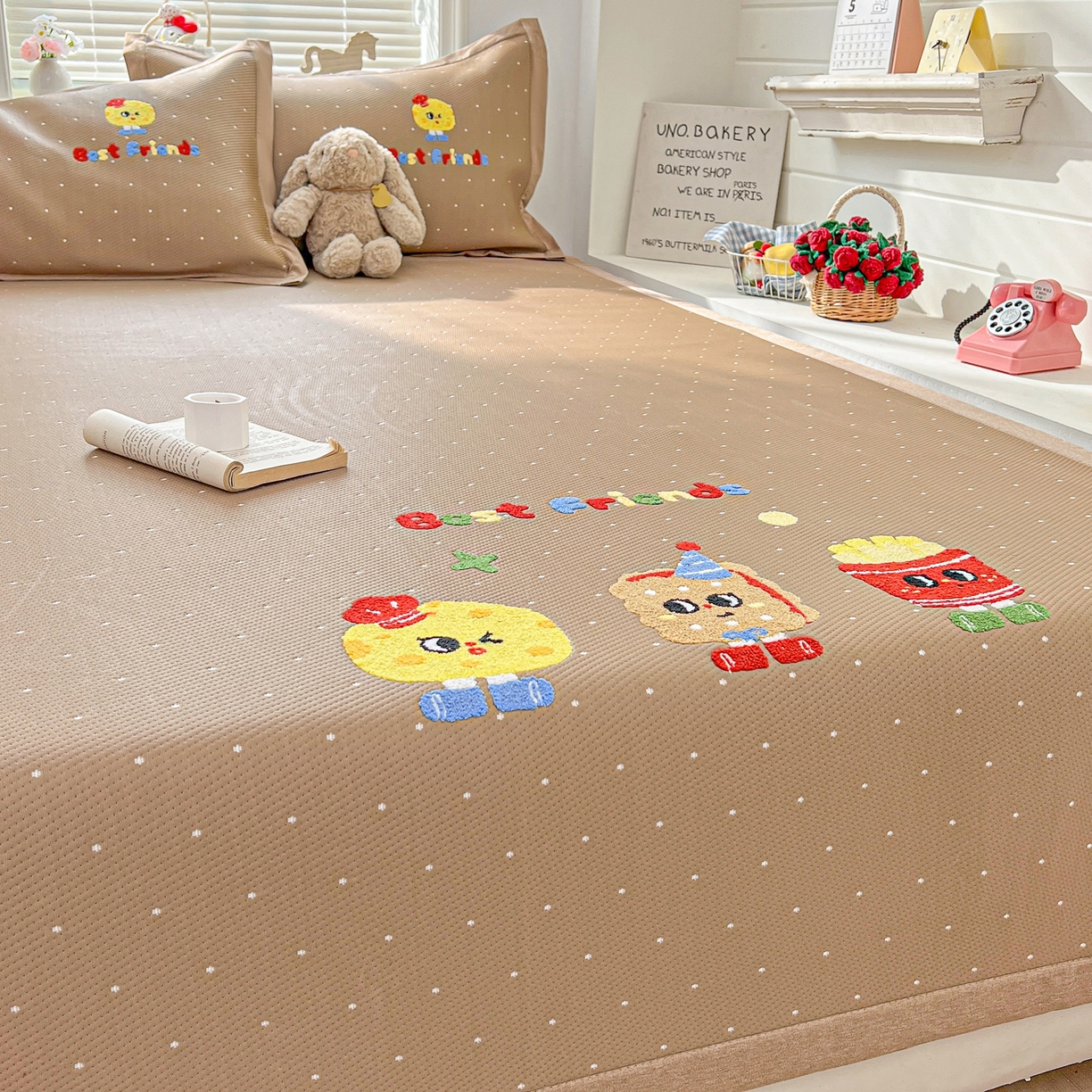 91家纺网 家纺一手货源 找家纺 十里居 2026新款A类凉感PE毛巾绣提花凉席席子-奶酪饼干系列 奶酪饼干-波点咖