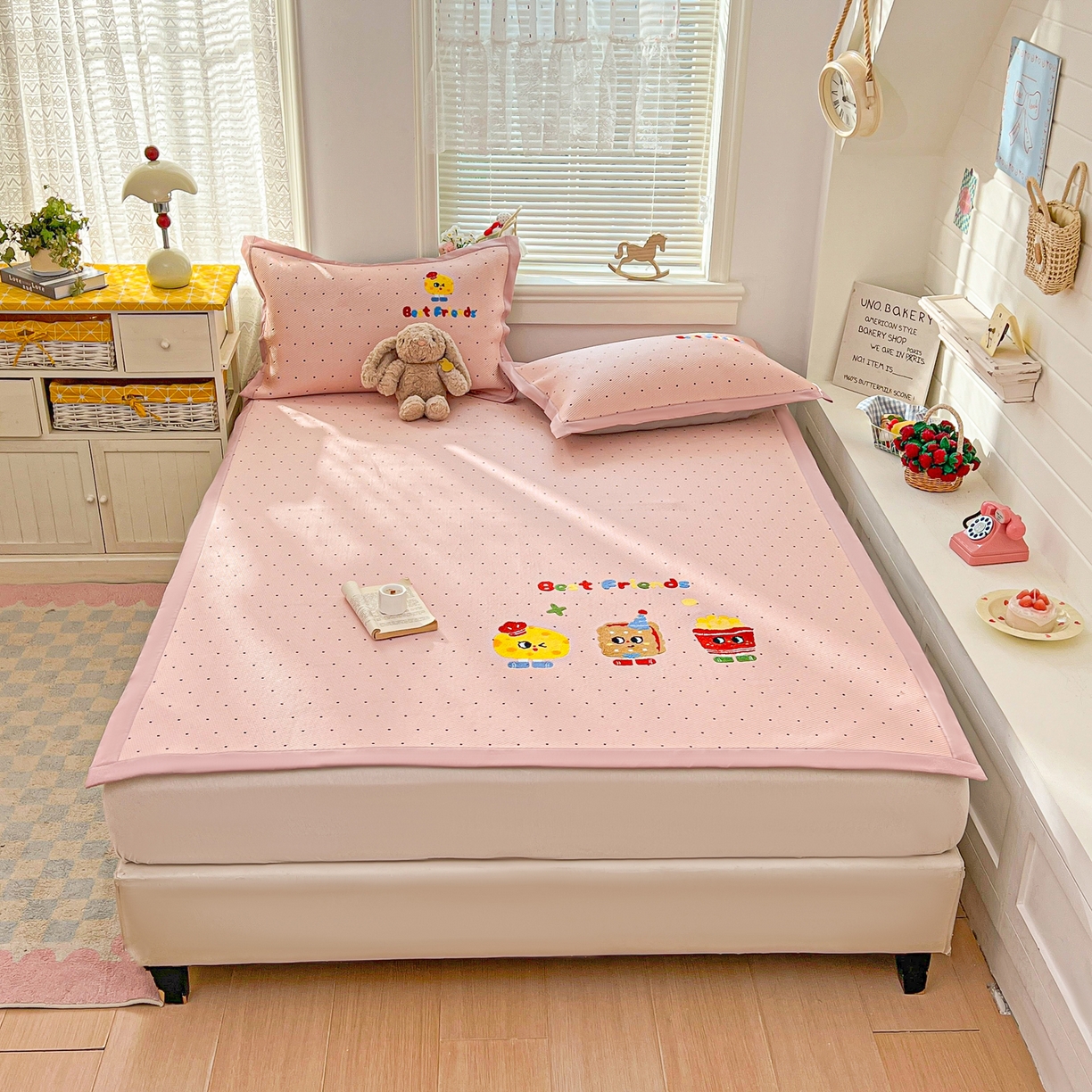 91家纺网 家纺一手货源 找家纺 十里居 2026新款A类凉感PE毛巾绣提花凉席席子-奶酪饼干系列 奶酪饼干-波点粉