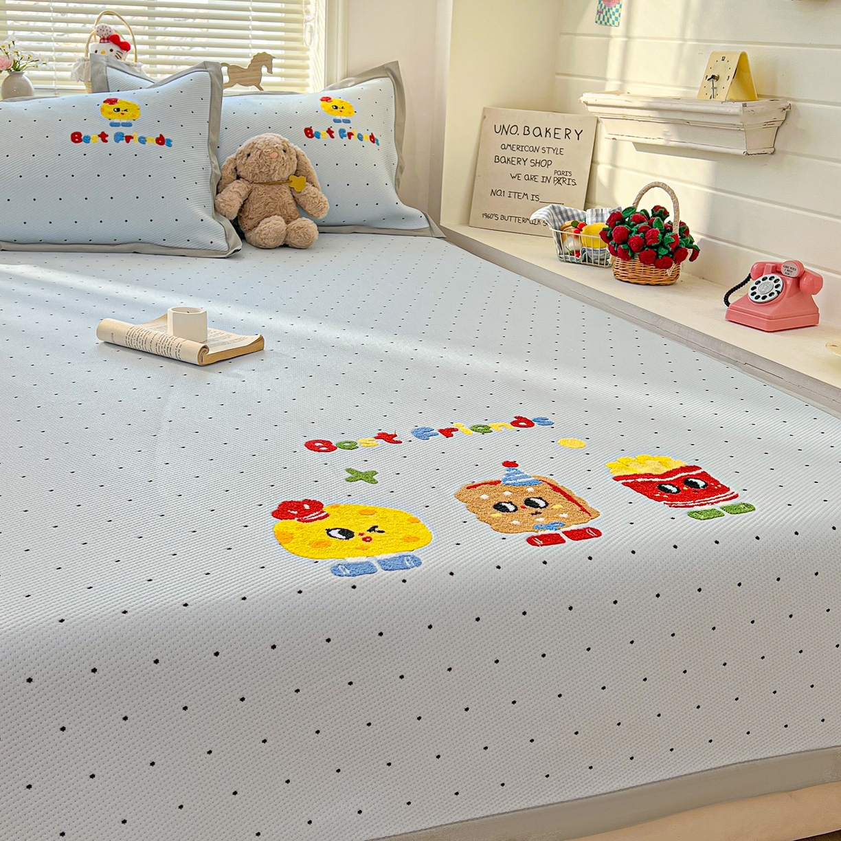 91家纺网 家纺一手货源 找家纺 十里居 2026新款A类凉感PE毛巾绣提花凉席席子-奶酪饼干系列 奶酪饼干-波点蓝