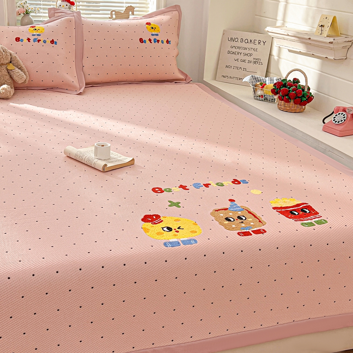 91家纺网 家纺一手货源 找家纺 十里居 2026新款A类凉感PE毛巾绣提花凉席席子-奶酪饼干系列 奶酪饼干-波点粉