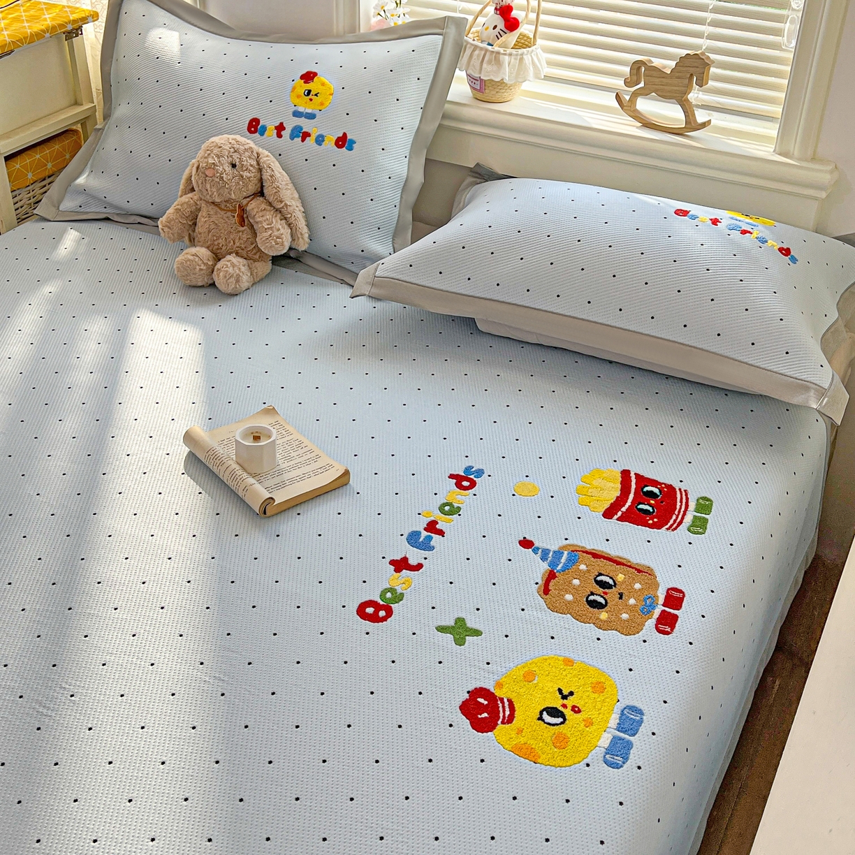 91家纺网 家纺一手货源 找家纺 十里居 2026新款A类凉感PE毛巾绣提花凉席席子-奶酪饼干系列 奶酪饼干-波点蓝