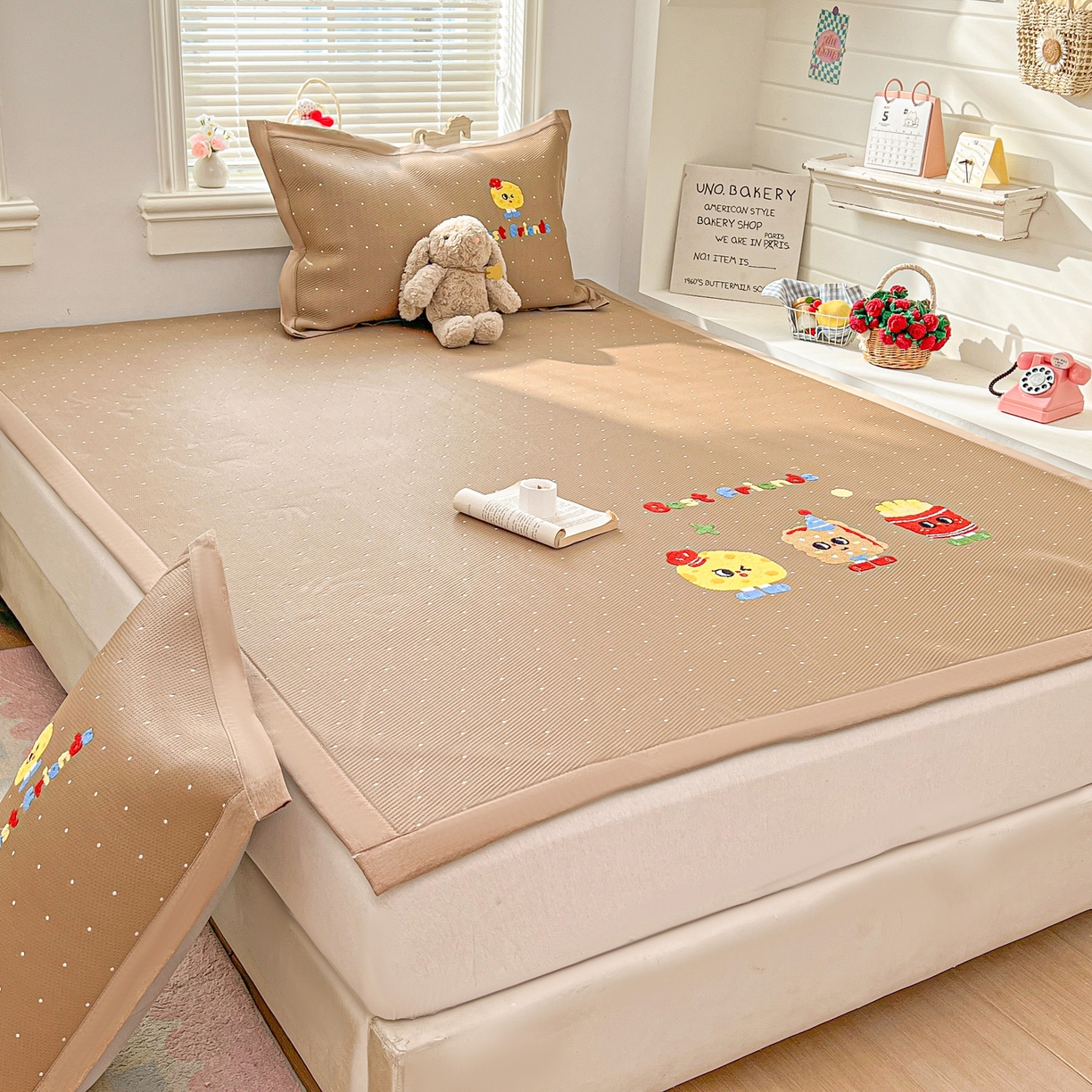 91家纺网 家纺一手货源 找家纺 十里居 2026新款A类凉感PE毛巾绣提花凉席席子-奶酪饼干系列 奶酪饼干-波点咖