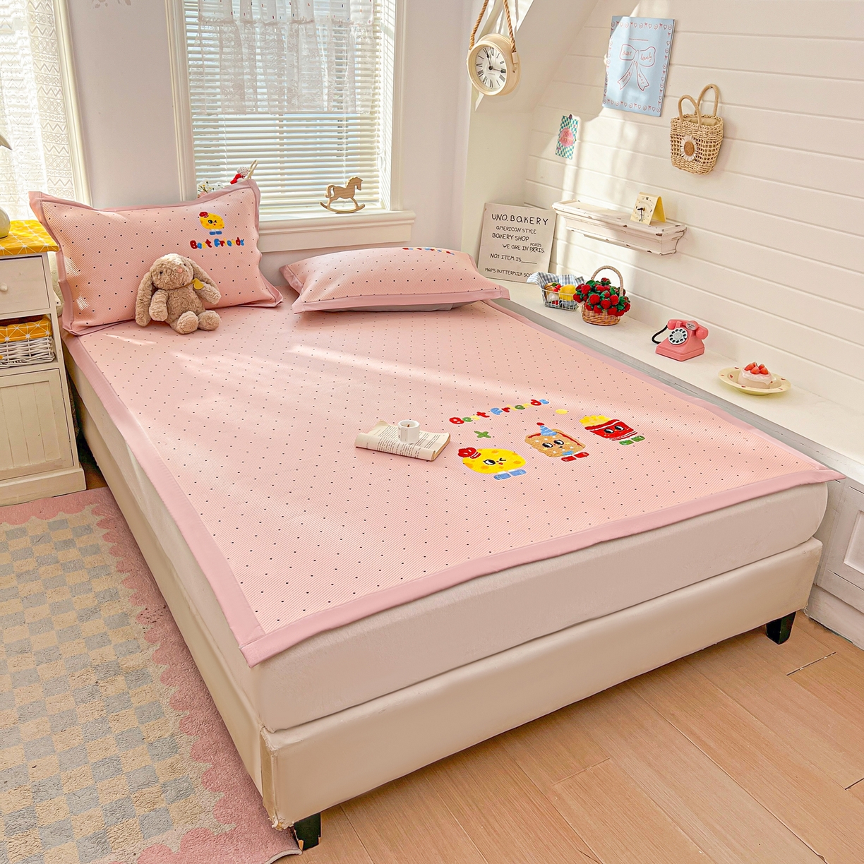 91家纺网 家纺一手货源 找家纺 十里居 2026新款A类凉感PE毛巾绣提花凉席席子-奶酪饼干系列 奶酪饼干-波点粉