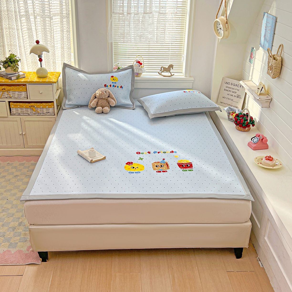 91家纺网 家纺一手货源 找家纺 十里居 2026新款A类凉感PE毛巾绣提花凉席席子-奶酪饼干系列 奶酪饼干-波点蓝