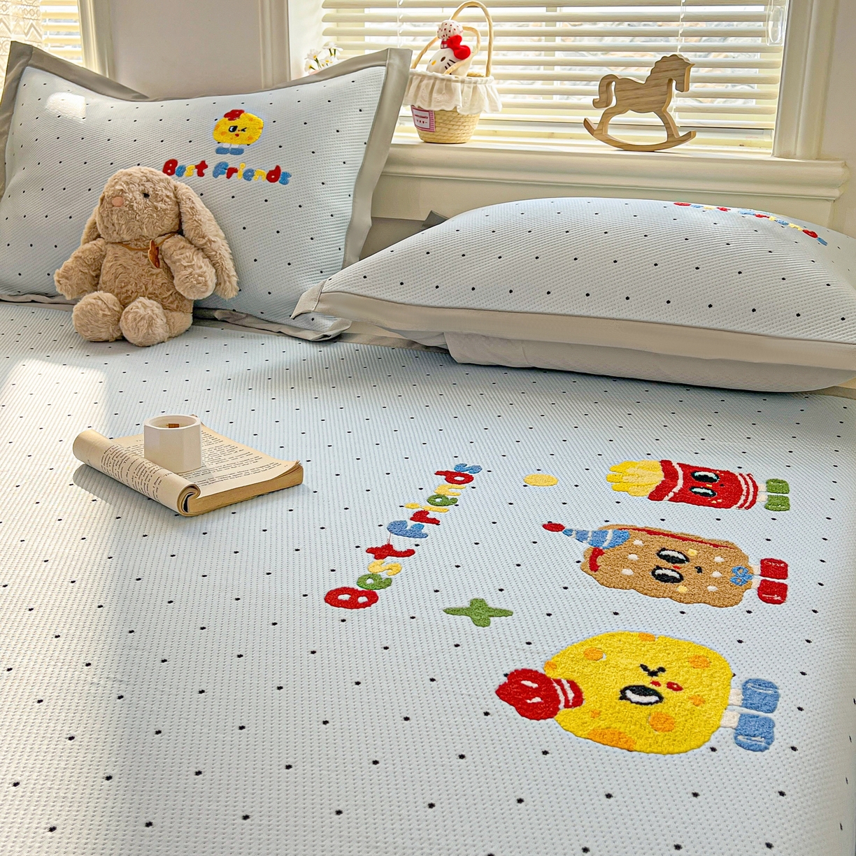 91家纺网 家纺一手货源 找家纺 十里居 2026新款A类凉感PE毛巾绣提花凉席席子-奶酪饼干系列 奶酪饼干-波点蓝