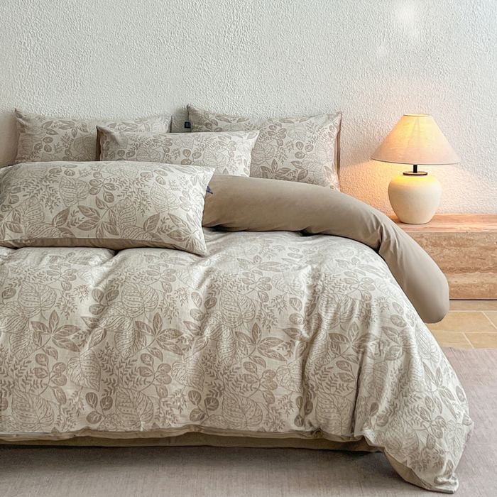 91家纺网 家纺一手货源 找家纺 恋人优选 2026新款全棉纯棉三层提花四件套 茎叶时光-咖