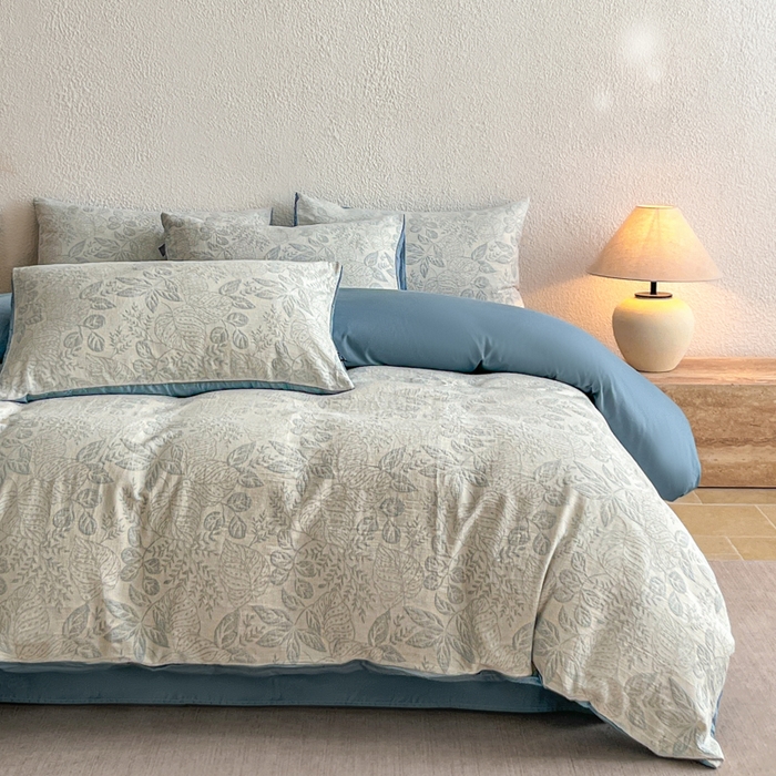 91家纺网 家纺一手货源 找家纺 恋人优选 2026新款全棉纯棉三层提花四件套 茎叶时光-兰