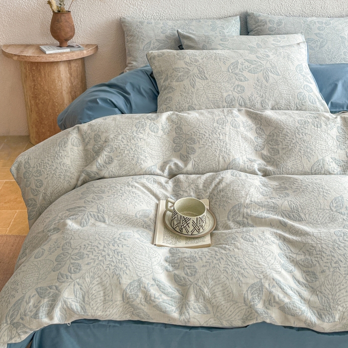 91家纺网 家纺一手货源 找家纺 恋人优选 2026新款全棉纯棉三层提花四件套 茎叶时光-兰