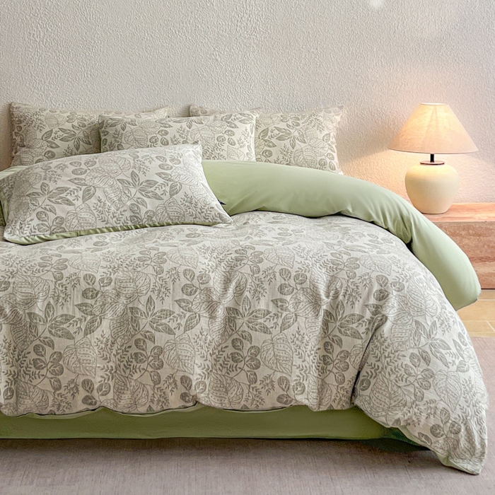 91家纺网 家纺一手货源 找家纺 恋人优选 2026新款全棉纯棉三层提花四件套 茎叶时光-绿