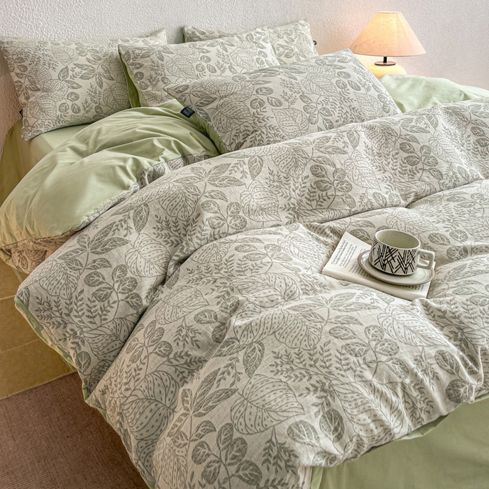 91家纺网 家纺一手货源 找家纺 恋人优选 2026新款全棉纯棉三层提花四件套 茎叶时光-绿