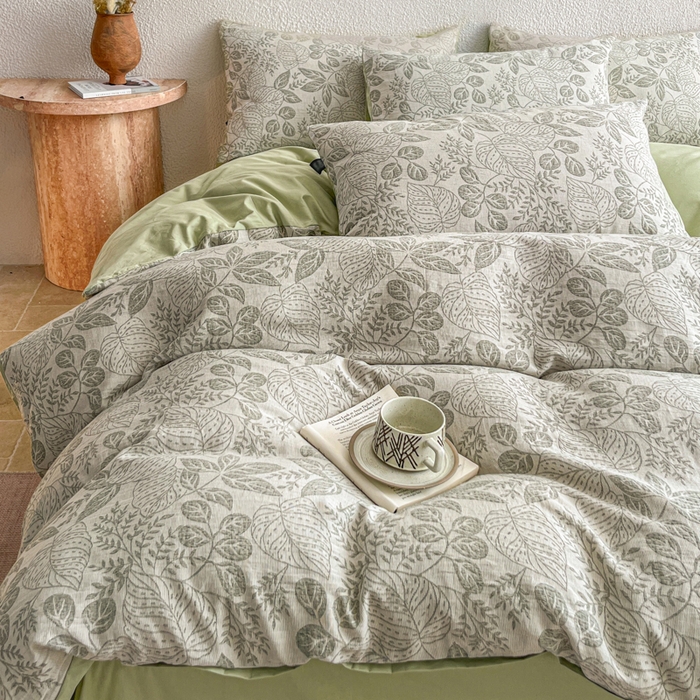 91家纺网 家纺一手货源 找家纺 恋人优选 2026新款全棉纯棉三层提花四件套 茎叶时光-绿