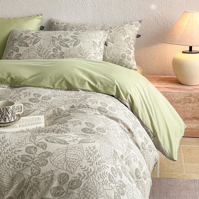 91家纺网 家纺一手货源 找家纺 恋人优选 2026新款全棉纯棉三层提花四件套 茎叶时光-绿