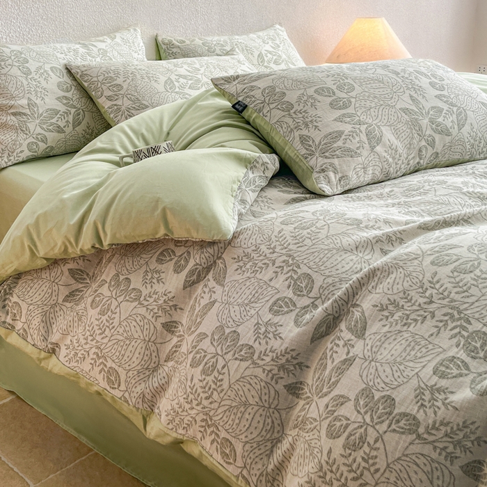 91家纺网 家纺一手货源 找家纺 恋人优选 2026新款全棉纯棉三层提花四件套 茎叶时光-绿