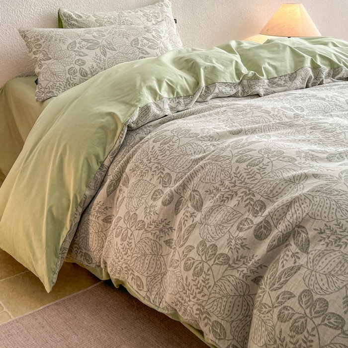 91家纺网 家纺一手货源 找家纺 恋人优选 2026新款全棉纯棉三层提花四件套 茎叶时光-绿