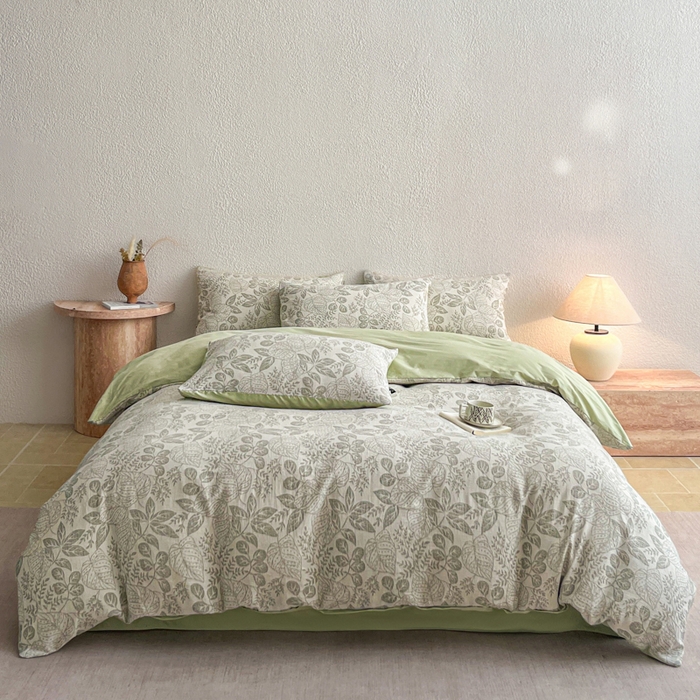 91家纺网 家纺一手货源 找家纺 恋人优选 2026新款全棉纯棉三层提花四件套 茎叶时光-绿