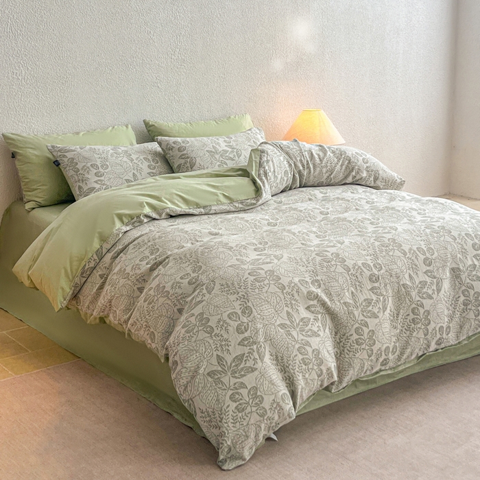 91家纺网 家纺一手货源 找家纺 恋人优选 2026新款全棉纯棉三层提花四件套 茎叶时光-绿