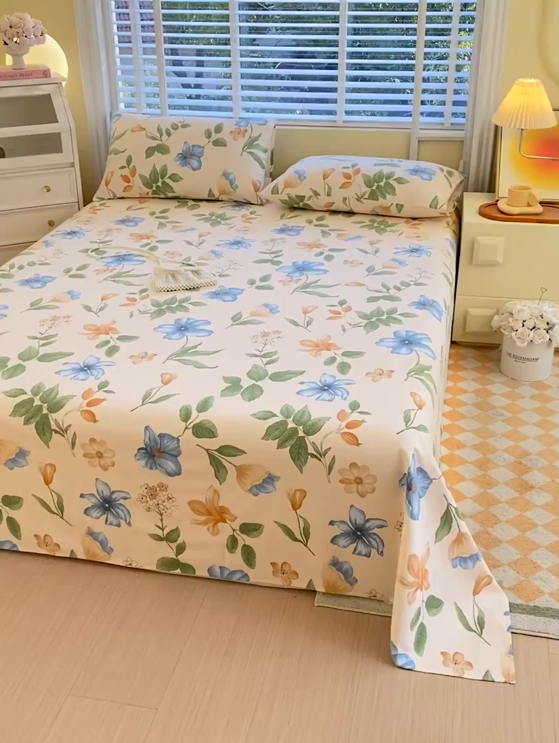 91家纺网 家纺一手货源 找家纺 （总）欧妮家纺 2025新款全棉纯棉老粗布床单夏季空调凉席子三件套-花卉系列