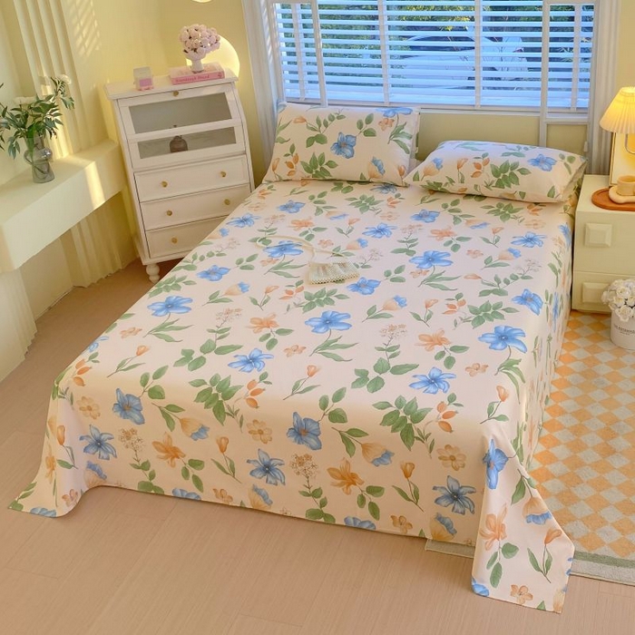 91家纺网 家纺一手货源 找家纺 （总）欧妮家纺 2025新款全棉纯棉老粗布床单夏季空调凉席子三件套-花卉系列