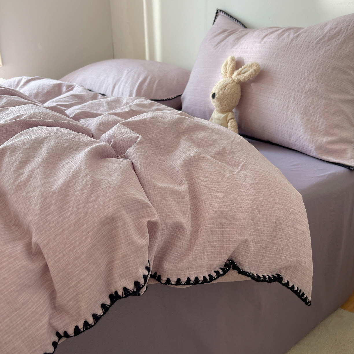 91家纺网 家纺一手货源 找家纺 凯洛奇 2026新款色织阳离子贝壳边四件套 阳离子-烟紫