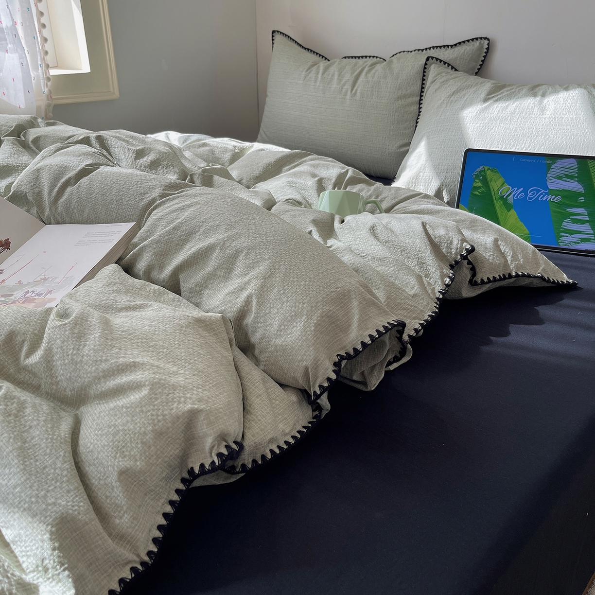 91家纺网 家纺一手货源 找家纺 凯洛奇 2026新款色织阳离子贝壳边四件套 阳离子-青禾